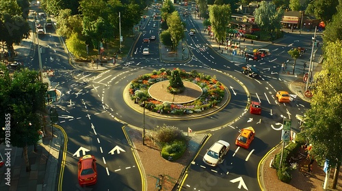 A bustling roundabout with vibrant flowers and busy traffic during the day. photo