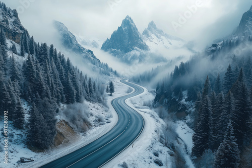 High-Resolution Drone Shot of Winding Mountain Road Through Snow-Covered Peaks with Cars in Fog photo