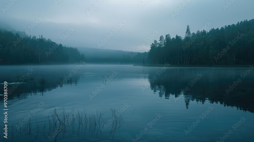 Subtle reflections in a tranquil lake at twilight Subtle reflections in a tranquil lake at twilight