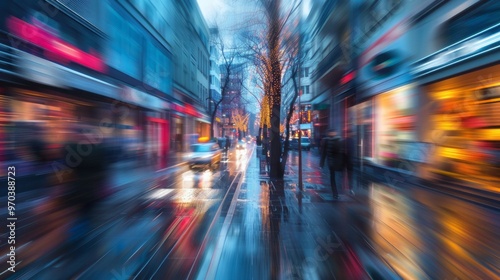 Motion-blurred shoppers walking past a storefront window, capturing the dynamic movement and busy atmosphere of urban retail environments, ideal for illustrating consumer behavior and modern shopping 