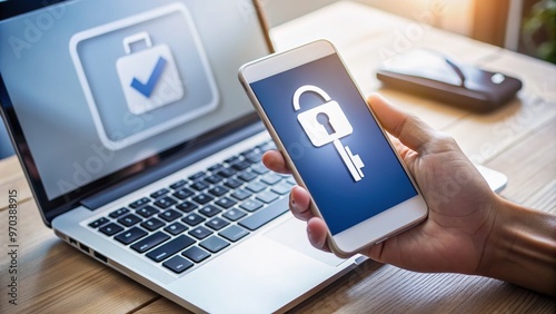 Hand presses key icon on smartphone screen to enter verification code, alongside laptop, illustrating secure two-factor authentication process for password validation and cyber security.