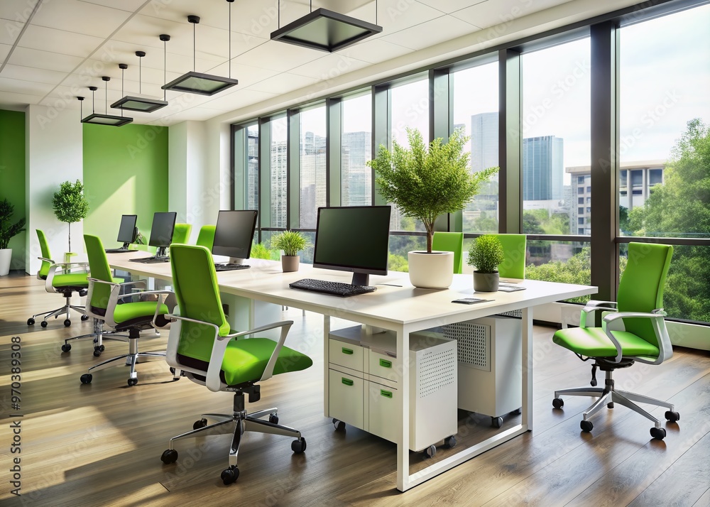 Modern minimalist office interior featuring sleek tables, ergonomic chairs, and state-of-the-art computers against a blurred bokeh background, with ample copy space and a calming green accent. Modern minimalist office interior featuring sleek tables, ergonomic chairs, and state-of-the-art computers against a blurred bokeh background, with ample copy space and a calming green accent.