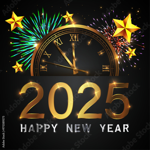 Happy new 2025 year Elegant gold text with fireworks, clock and light. Minimalistic text template.	