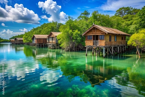 Serene wooden stilt houses nestled among lush green mangroves and turquoise waters, reflecting a tranquil harmony between traditional coastal living and the ocean's bounty.