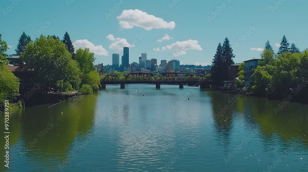 Scenic view of a river reflecting city skyline under a clear blue sky. Scenic view of a river reflecting city skyline under a clear blue sky.