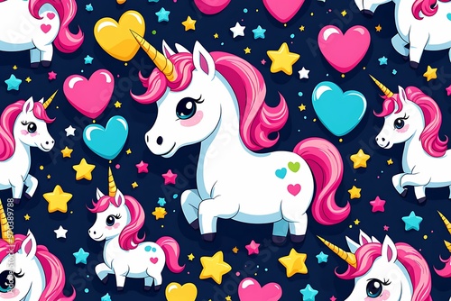 Cartoon Unicorns and Hearts Seamless Pattern