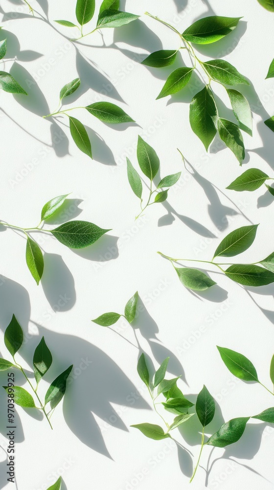 Green leaves on white background with shadows Green leaves on white background with shadows
