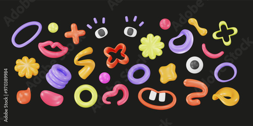 3d plastic joyous variety shapes. Inflated creative icons, playful forms, childish design elements. Vector cartoon illustration. Doodle and geometric modern graphics renders. Visual art.
