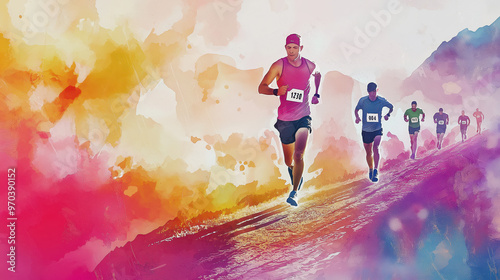 Dynamic runners race through a colorful landscape, showcasing energy and determination in a vibrant and inspiring scene.