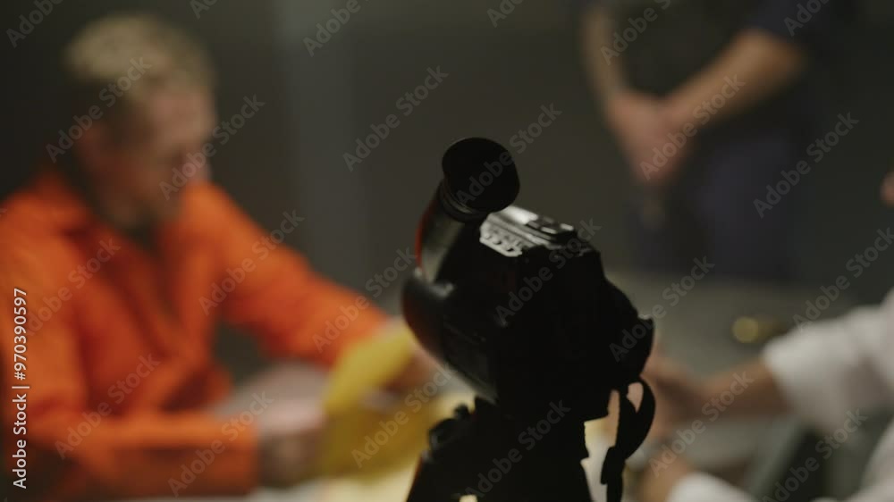 Out of focus inmate giving police information on camera