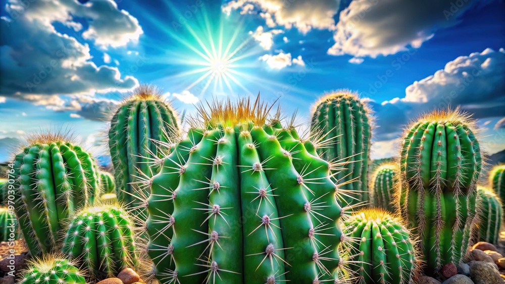 A vibrant, emerald-green cactus rises, waxy stems segmented with tiny white spines, bathed in soft, diffuse sunlight filtering through wispy clouds. A vibrant, emerald-green cactus rises, waxy stems segmented with tiny white spines, bathed in soft, diffuse sunlight filtering through wispy clouds.