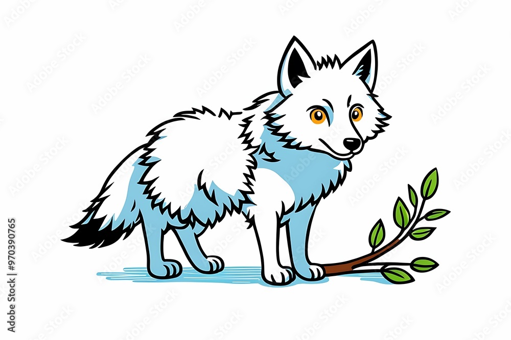 Cartoon White Wolf with Fluffy Fur and Green Branch Cartoon White Wolf with Fluffy Fur and Green Branch