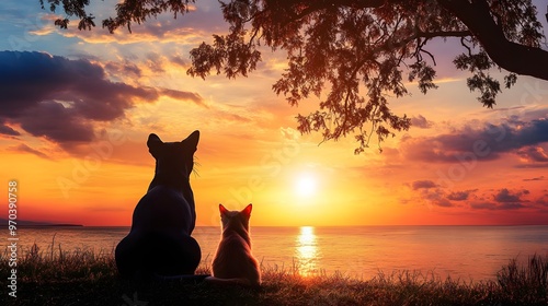 A dog and cat sitting together at the base of a tree, watching the sun set over the sea, with the sky filled with vibrant colors