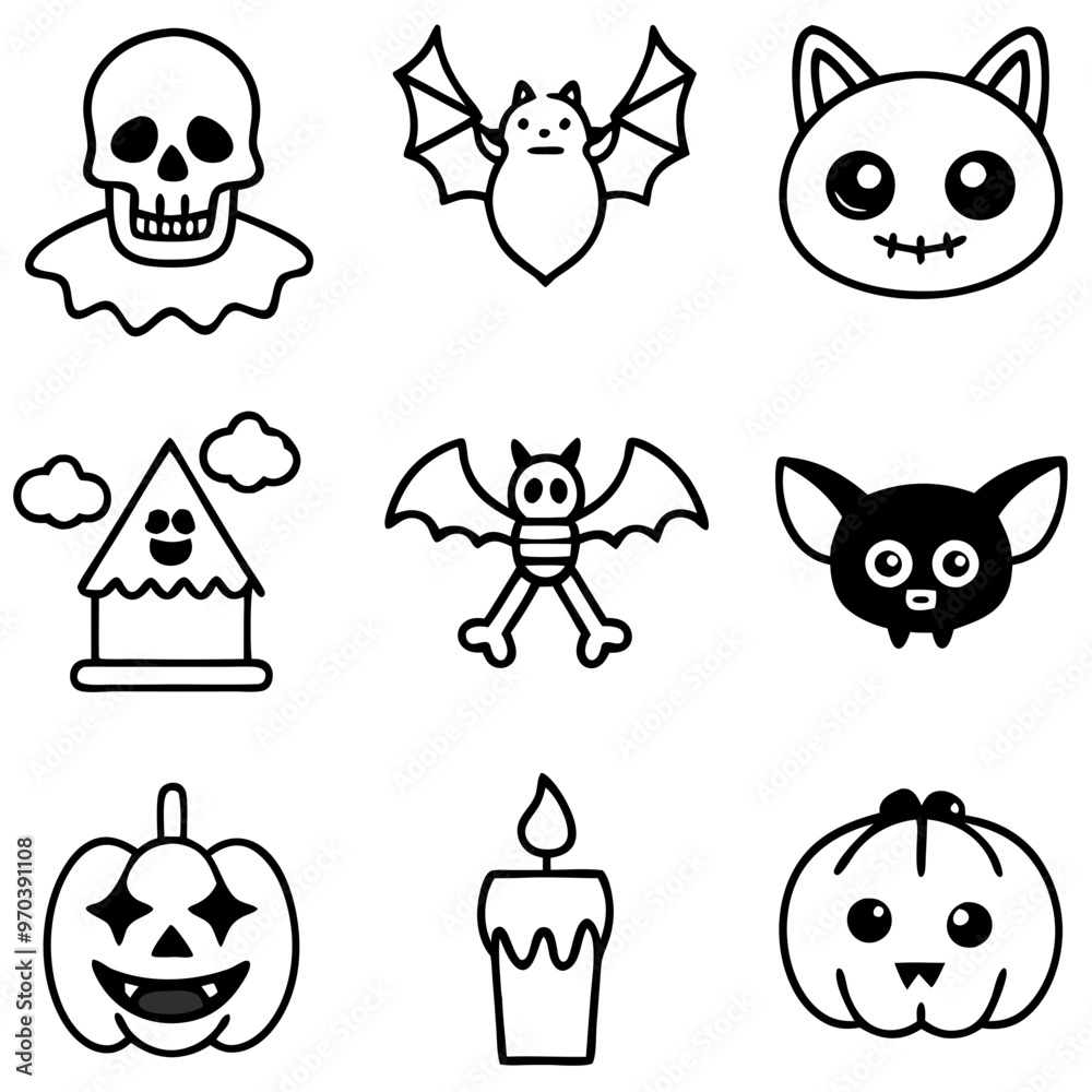 Fototapeta premium Halloween icons set. Pumpkin, ghost, spider, skull, bat, cat, bone, witch, tree, cemetery and evil. Vector illustration.