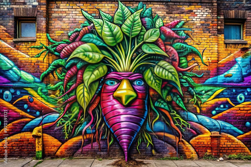 Fototapeta premium A vibrant mural on a brick wall showcases a larger-ziptama wild yam, its rugged texture and colorful graffiti blending in harmony.