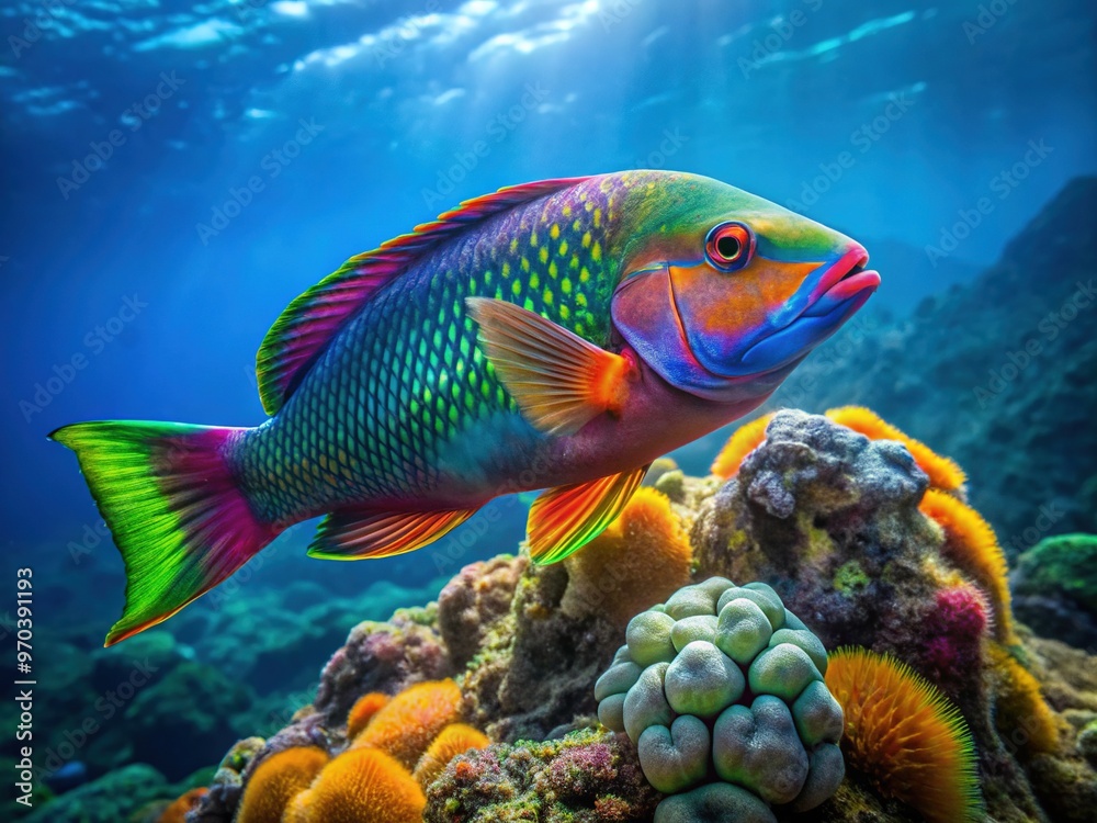 Fototapeta premium A vibrant Peacock Wrasse stands defiantly on a rocky mountain trail, its iridescent feathers ablaze against the rugged peaks and swirling storm clouds.