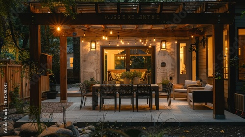 Outdoor dining patio with weatherproof dining set AI generated image