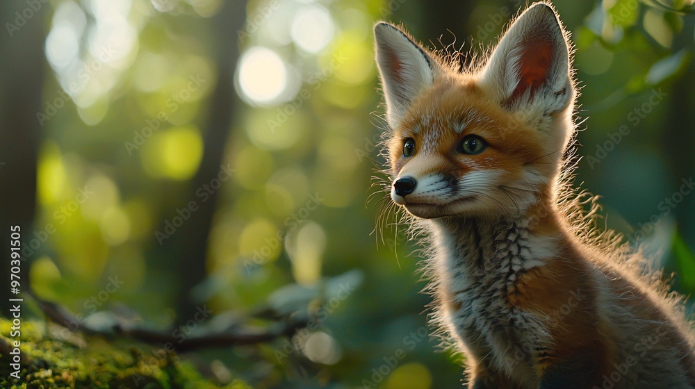 Fototapeta premium Fox Cub Exploring Forest in Morning Light
