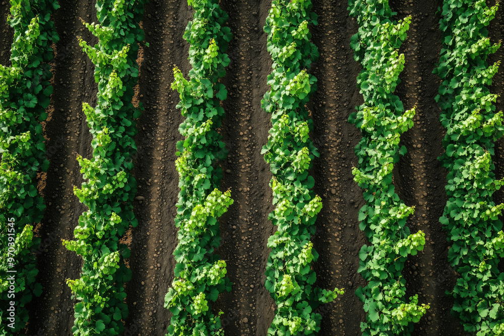 Fototapeta premium Bird's-Eye View of Vineyard During Harvest - Symmetrical Rows of Grape Vines Across Scenic Landscape
