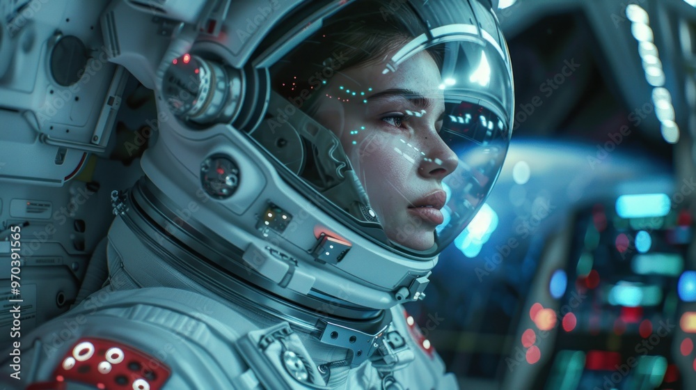 Portrait of futuristic female astronaut with space helmet AI generated image Portrait of futuristic female astronaut with space helmet AI generated image