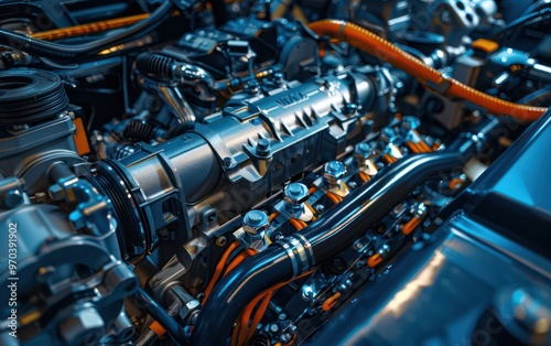 A detailed view of a complex engine assembly showcasing mechanical components and wiring.