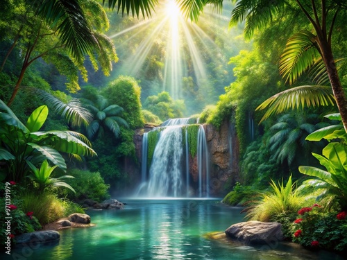 Vibrant digital art of a serene tropical waterfall oasis, surrounded by lush green foliage, with sun rays filtering through, perfect for exotic travel and nature posters.