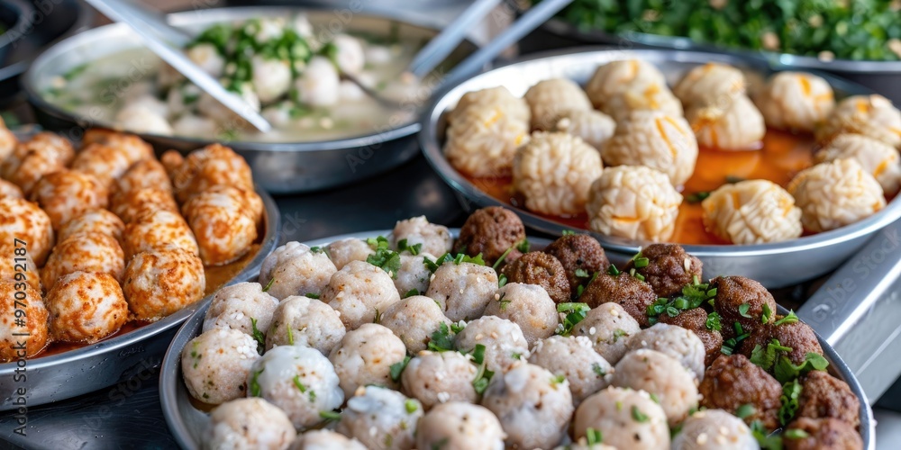 Assorted Vietnamese meatballs and seafood ready for frying