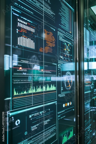 An energy management facility using big data visualizations to monitor renewable energy sources and grid performance. The displays show energy production, consumption, Generative AI 