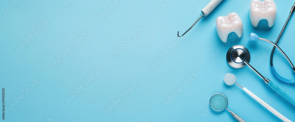 Dental Tools and Teeth on Blue Background Dental Tools and Teeth on Blue Background