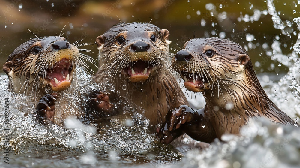 Otter Family Playing by Riverbank Otter Family Playing by Riverbank