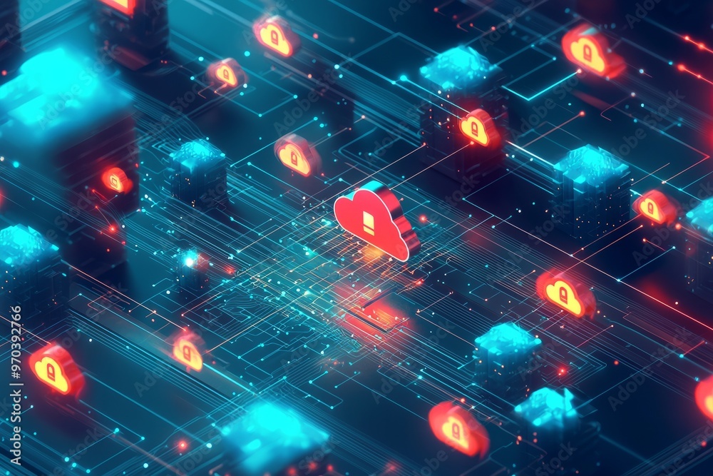 Obraz premium A cloud security interface showing data encryption statuses, access permissions, and threat detection across a cloud network. Visualizations include encrypted data, Generative AI