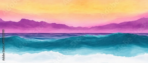 A vibrant watercolor depicting a serene ocean scene at sunset, blending rich colors of orange, pink, and purple.