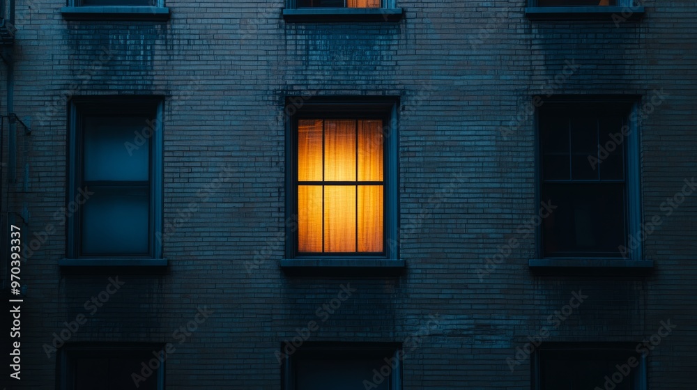 Illuminated window of a brick building at Illuminated window of a brick building at