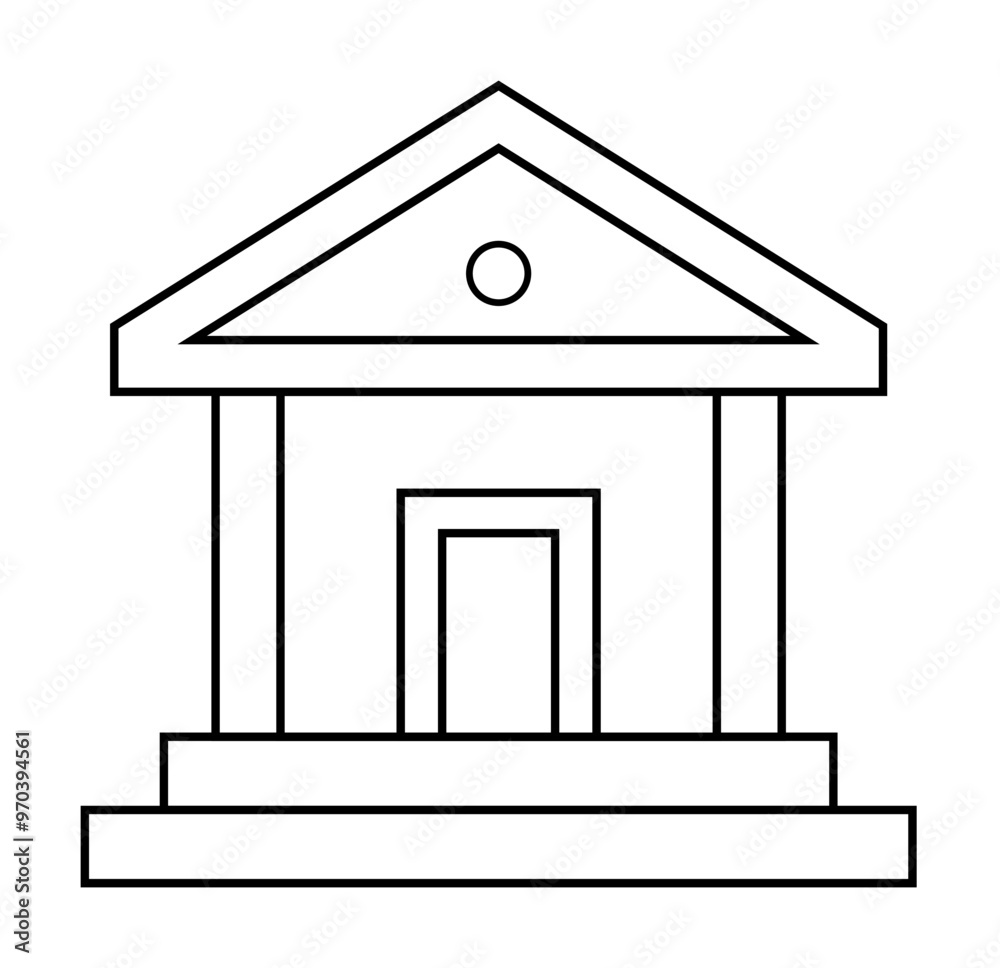 A black and white outline of a classical building with columns and a triangular roof above a central doorway. Ideal for educational materials, architecture topics, financial themes, legal-related cont A black and white outline of a classical building with columns and a triangular roof above a central doorway. Ideal for educational materials, architecture topics, financial themes, legal-related cont