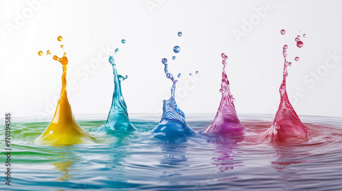 A high-speed photograph of colorful paint droplets, with ripples in their wake against a white background. The colors include reds, yellows, blues, greens, purples, and pinks.