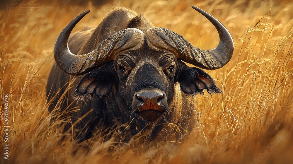 Naklejka premium Buffalo Standing Tall in Grasslands