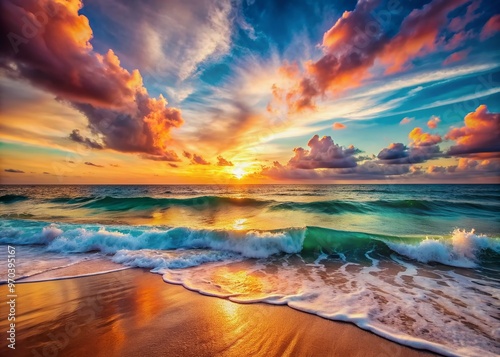 Vibrant turquoise sea waves gently lap against the shore as a breathtaking sunset sky ablaze with warm golden hues and soft pink tones unfolds above.