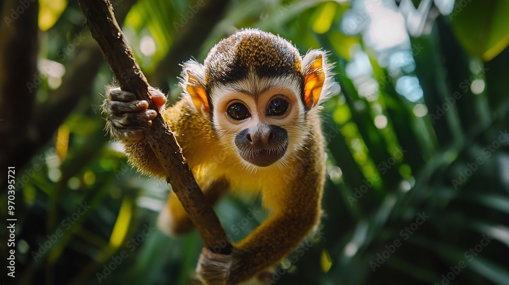 Obraz premium Squirrel Monkey Swinging from Branch