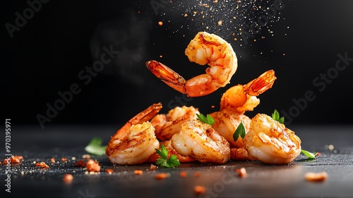 Delicious shrimp sauteed to perfection, served with fresh herbs and spices, ideal for culinary and food-related projects. photo