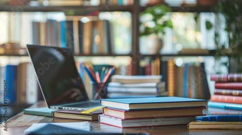 A close-up of a studenta??s desk with a laptop, books, and stationery. photo