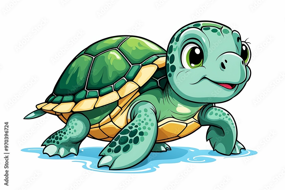 Fototapeta premium Cartoon Illustration of a Green Sea Turtle with a Smiling Face
