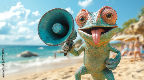 A colorful chameleon holding a megaphone on a beach, ready to announce something fun.