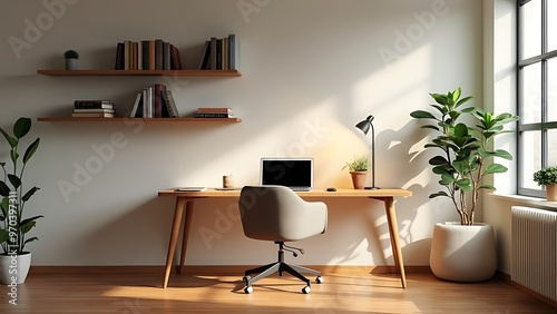 A bright and organized home office featuring a spacious desk, stylish storage, and ample natural light. Ideal for showcasing modern workspace design and productivity. photo