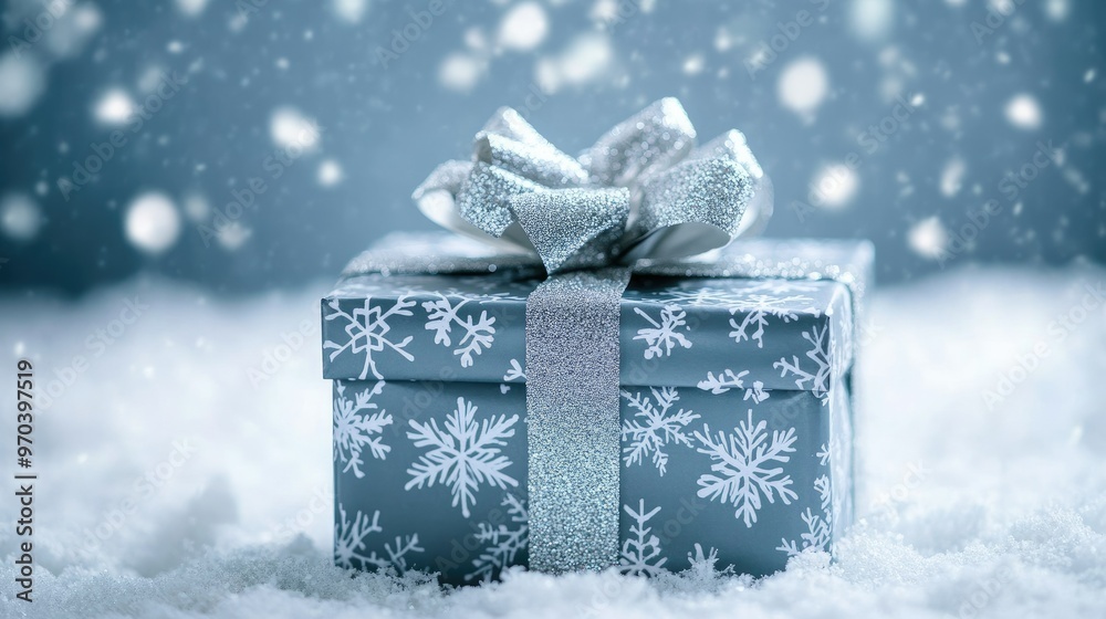 A holiday gift box decorated with snowflake wrapping paper and a silver bow, set against a snowy backdrop A holiday gift box decorated with snowflake wrapping paper and a silver bow, set against a snowy backdrop