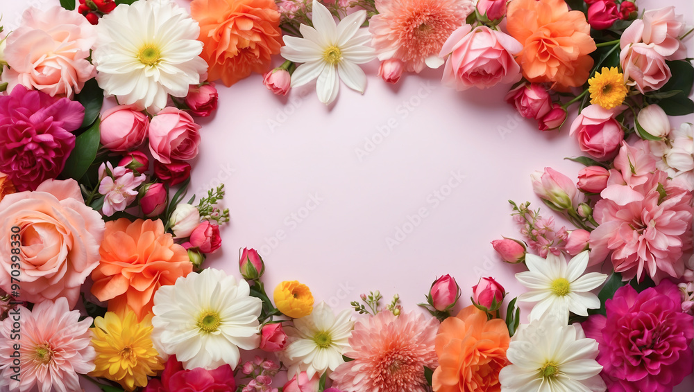 A circular floral frame on a blue background with roses and peonies, creating a vibrant and elegant display A circular floral frame on a blue background with roses and peonies, creating a vibrant and elegant display