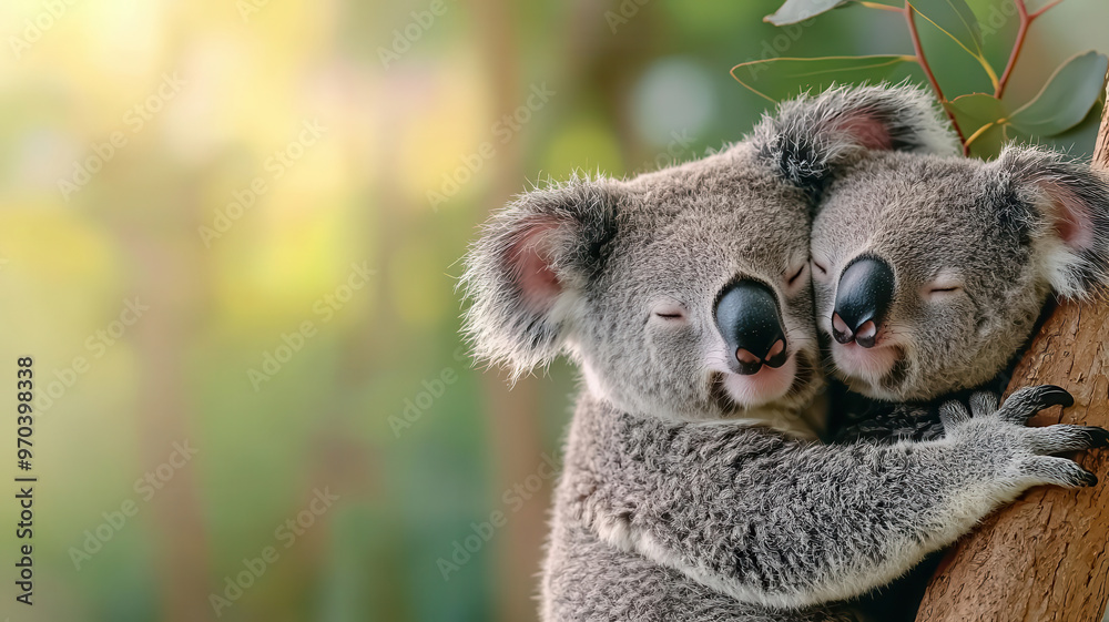 Fototapeta premium Two koalas cuddling on a eucalyptus tree branch, with soft sunlight filtering through the leaves, creating a warm and gentle setting