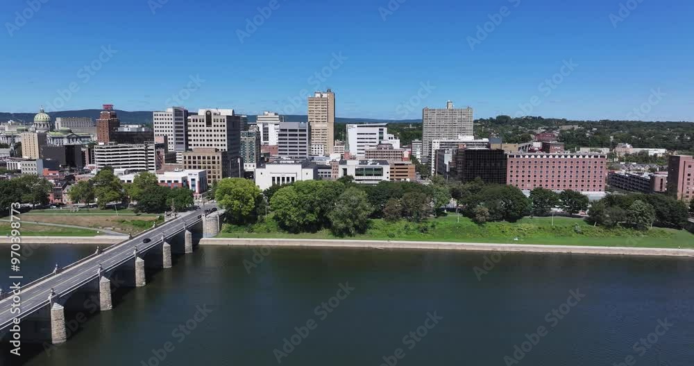 Late summer, early fall aerial, drone, video of the Harrisburg Pennsylvania skyline and the Susquehanna River. September 2024. Late summer, early fall aerial, drone, video of the Harrisburg Pennsylvania skyline and the Susquehanna River. September 2024.