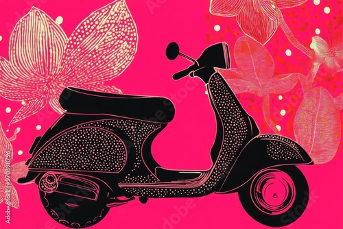 Italian classic motorcycle in modern art using lotus as a main pattern with black contour in magenta background, with polka dots photo