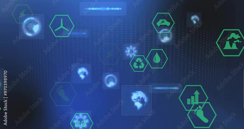 Animation of network of eco icons and data processing Animation of network of eco icons and data processing