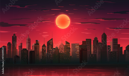 Hand painted horizontal landscape illustration Halloween city red sky and moon at night